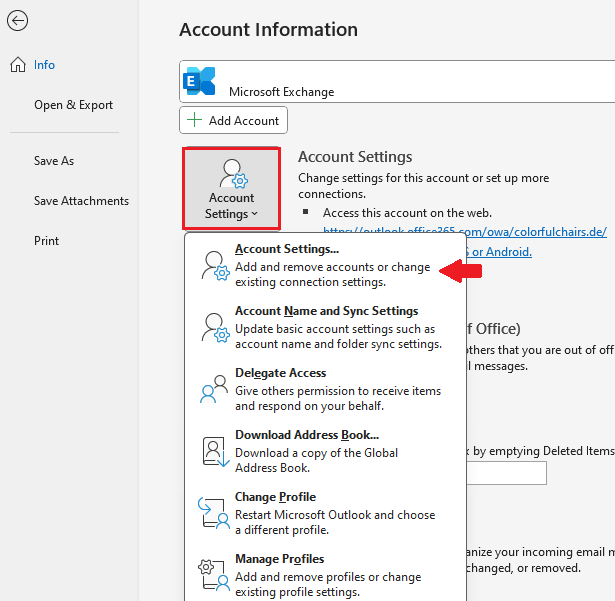 Outlook change sender: open Account Settings Image: Outlook change sender: open Account Settings