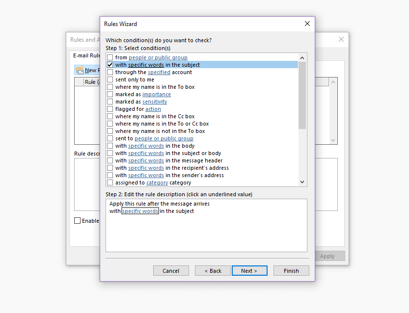 Outlook Rules Wizard: Selecting conditions Image: Outlook Rules Wizard: Selecting conditions