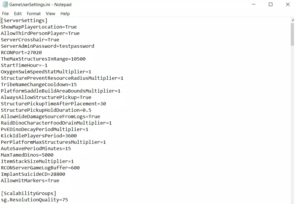 Contents of the configuration file GameUserSettings.ini Image: Contents of the configuration file GameUserSettings.ini