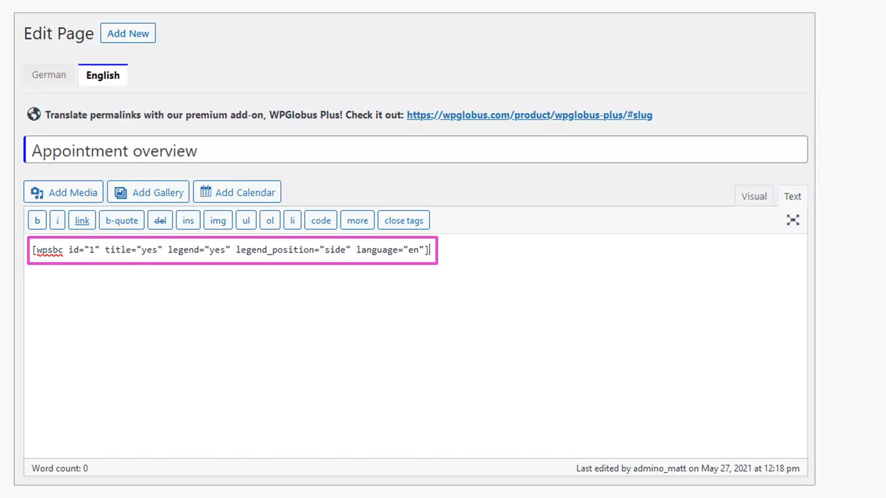 Image: WP Simple Booking Calendar in the WordPress backend