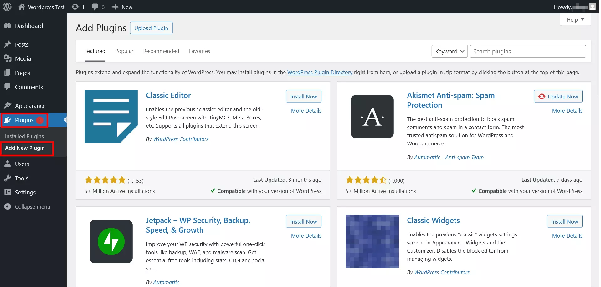 Add plugins in the WordPress backend Image: Add plugins in the WordPress backend