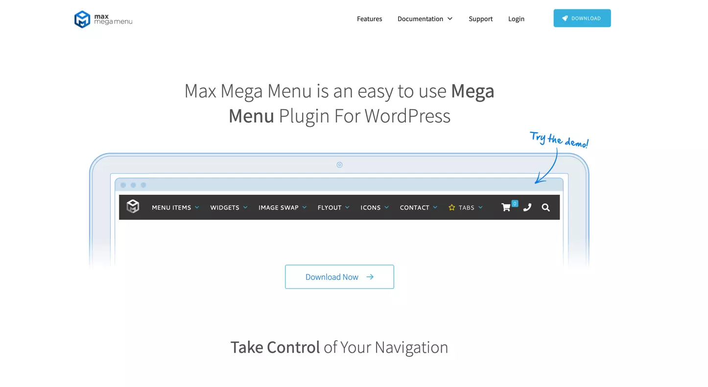 Image: Homepage of the Max Mega Menu plugin website