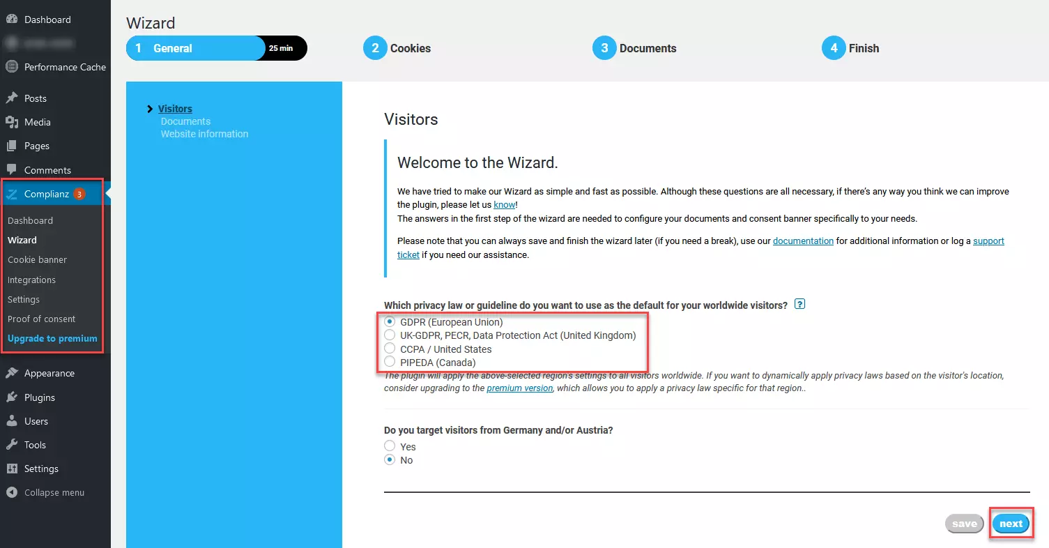 Image: Complianz settings assistant – dashboard