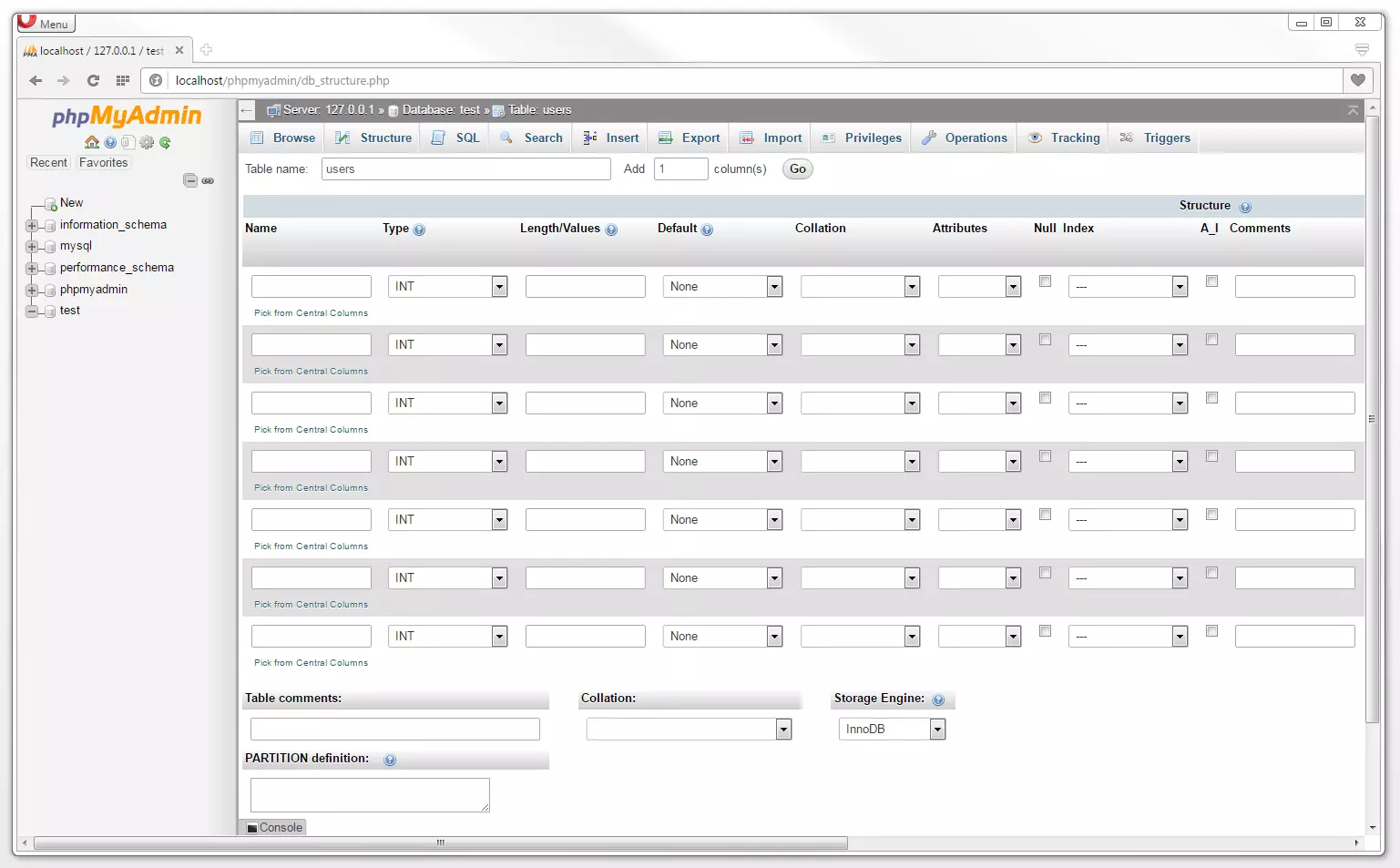 Image: The example table users with seven columns