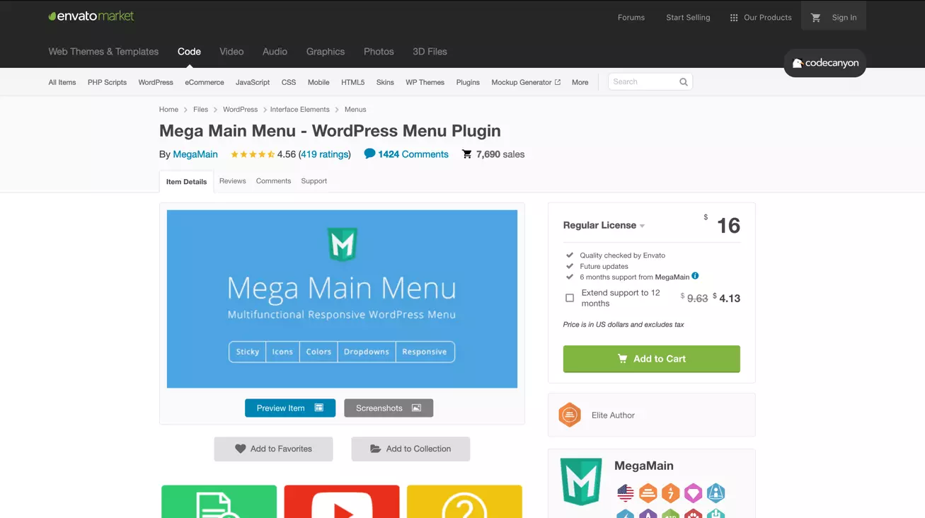 Image: Mega Main Menu on the CodeCanyon website
