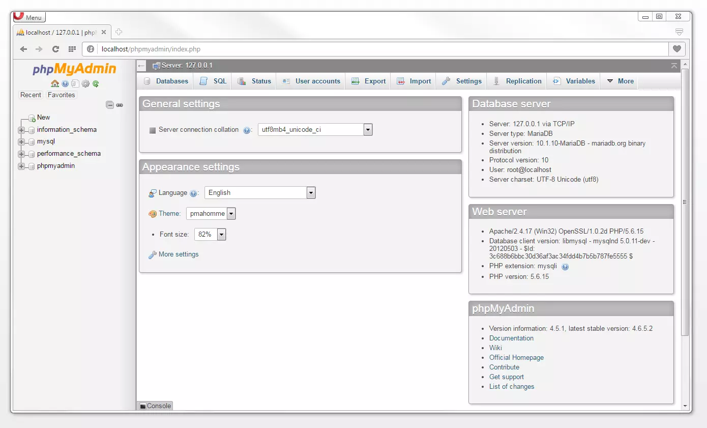 Image: Homepage of the MySQL administration software phpMyAdmin