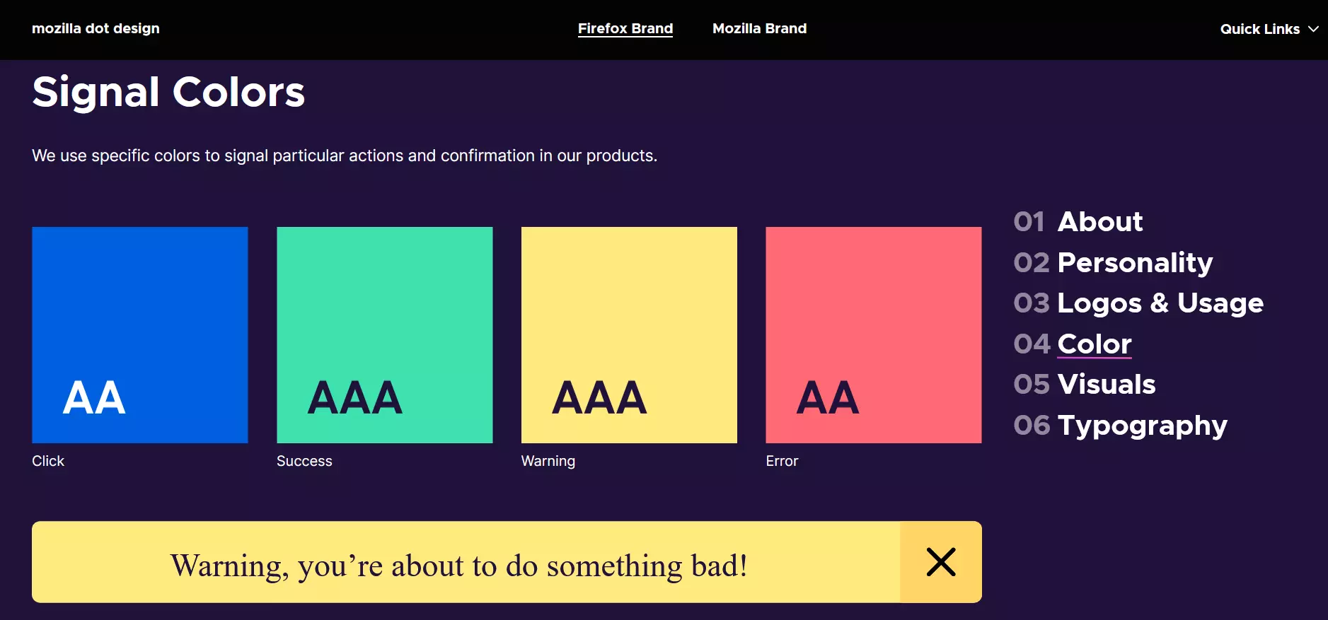 Screenshot of the colour palette for signal colours in the style guide for the Firefox browser Image: Screenshot of the colour palette for signal colours in the style guide for the Firefox browser