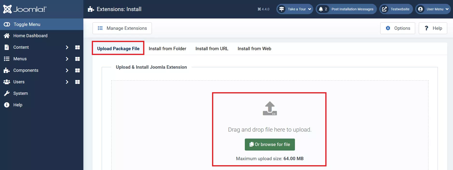 Joomla backend: Upload Package File Image: Joomla backend: Upload Package File