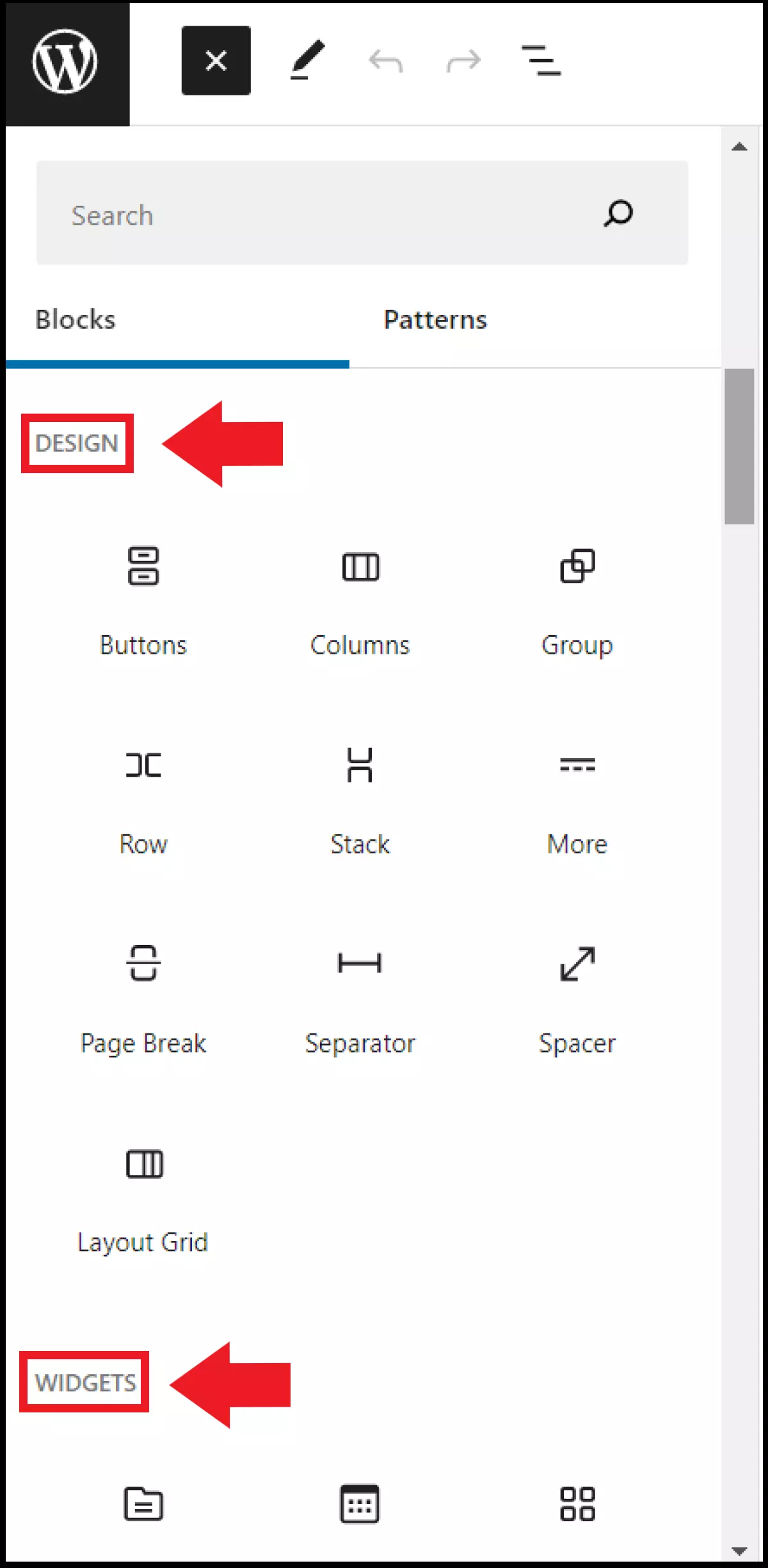 The ‘Design’ and ‘Widgets’ sections in the editor menu Image: The ‘Design’ and ‘Widgets’ sections in the editor menu