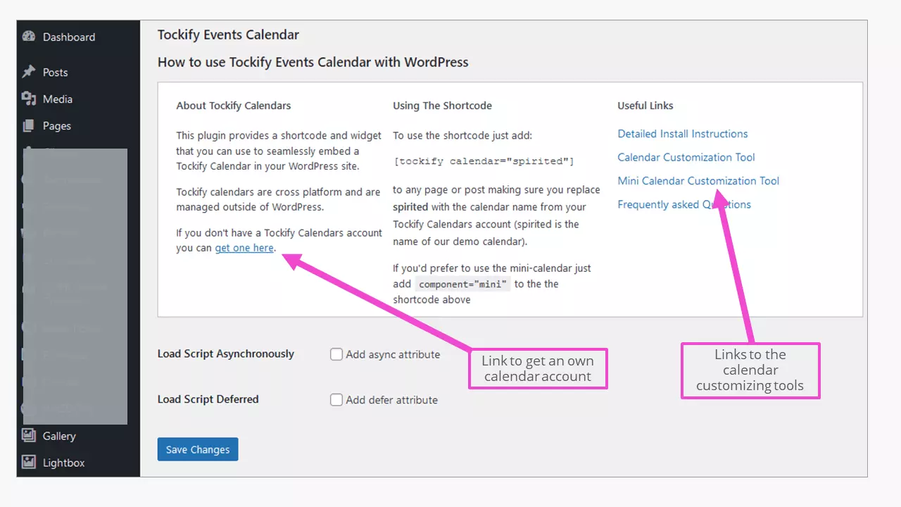 Image: Admin section of the Tockify calendar plugin for WordPress
